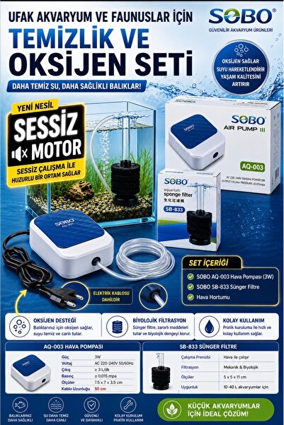 Sobo UFAK AKVARYUM VE FAUNUS TEMİZLİK VE OKSİJEN SETİ (Sessiz 3 wat hava moto...