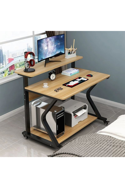 Generic Brand 3-Layer Computer Desk with Monitor Shelf, Rolling Study Table w...
