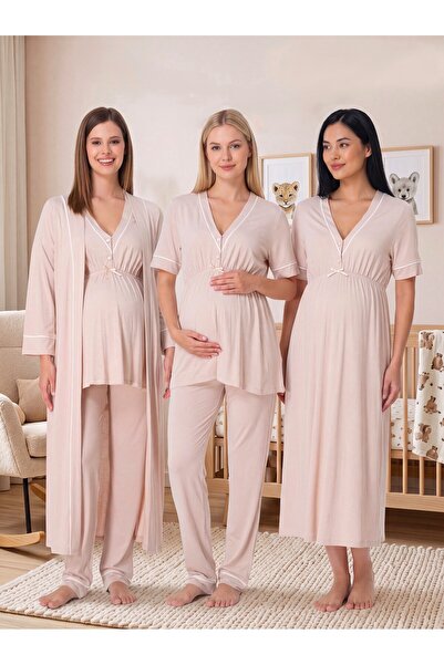 Lohusa Homewear New Season Beige Piping Detailed Design with Easy Breastfeedi...