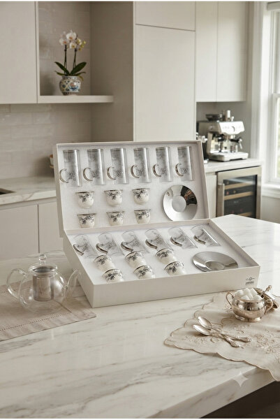 Generic طقم أكواب شاي وفناجين قهوة زجاج مع صحون تقديم استيل بتصميم أنيق لجلسا...