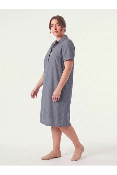 STORi Women's Plus Size Shirt Dress Tencel Short Sleeve Buttoned Summer Navy Blue
