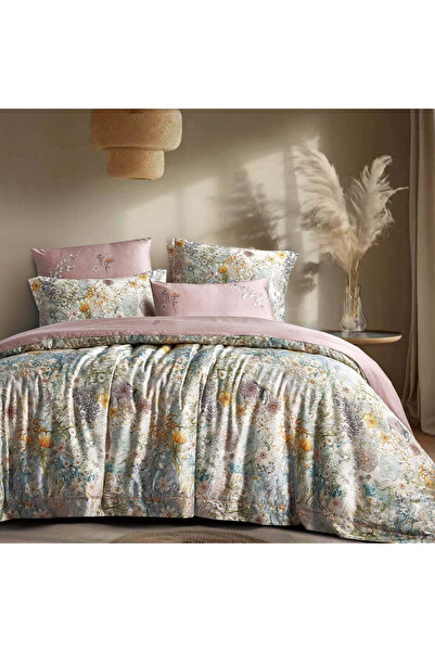 Alhabib bedding مفرش إشراق صيفي مزدوج قطن فاخر أخضر و وردي برسومات الزهور ينا...