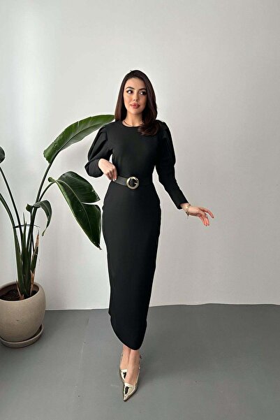 Moda Days فستان نسائي أسود ميدي بقصة قلم رصاص وياقة دائرية وأكتاف مطوية وأكما...