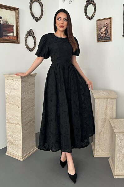 Clothes Fast Women's Black Brode Midi Dress with Balloon Sleeves, Gathered Wa...