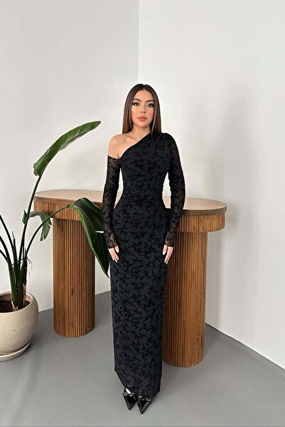 Moda Days فستان ماكسي نسائي أسود شفاف مزين بالزهور بكتف واحد وأكمام طويلة مبطن