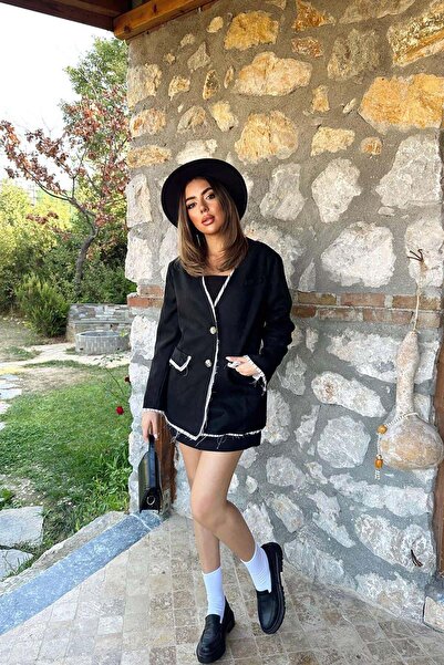 Clothes Fast سترة نسائية من جلد الغزال الأسود مزينة بخطوط وبطانة وأزرار وجيوب...