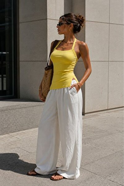Moda Days Women's Yellow Halter Neck Square Collar Gathered Ribbed Slim Fit B...