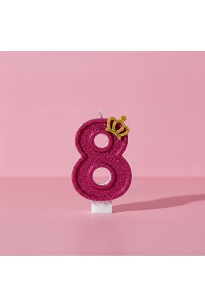 Miki & Miki Fuşya Simli Taçlı Pasta Mumu Doğum günü mum 8 yaş