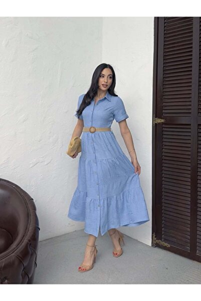 Moda Days قميص ماكسي نسائي أزرق اللون مع ياقة وحزام وأزرار وتنورة متعددة الطب...