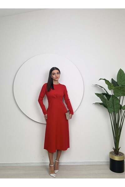 Clothes Fast Women's Red - Red Dress Midi Length Crew Neck Long Sleeve Chest ...
