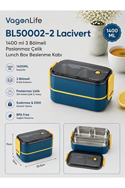 Vagonlife BL50002-2 صندوق غداء من الفولاذ المقاوم للصدأ باللون الأزرق سعة 140...