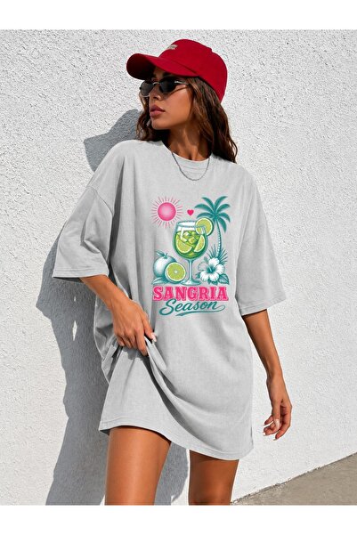 classy moda Tricou tunică supradimensionat, extra lung, cu imprimeu de vară ș...