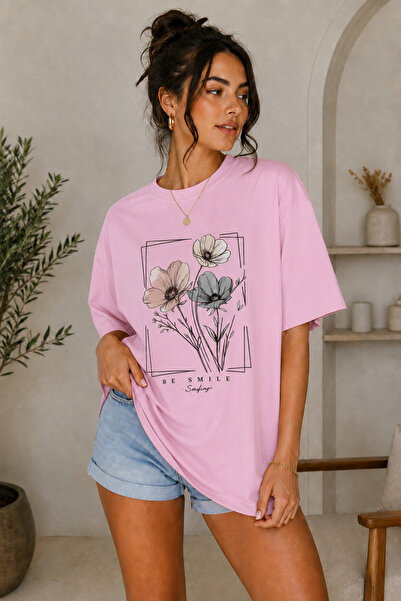 FECCY Tricou oversize pentru femei cu imprimeu Premium Flowers, din bumbac