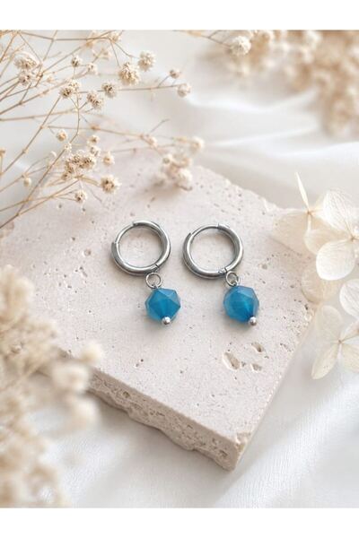 Home Blue Agate Stone Silver Color Hoop Steel Earrings