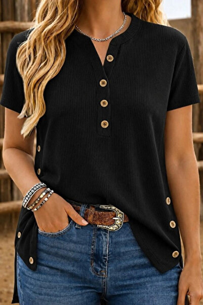 Beruflic Women's Short Sleeve Judge V-Neck Buttoned Twisted Blouse