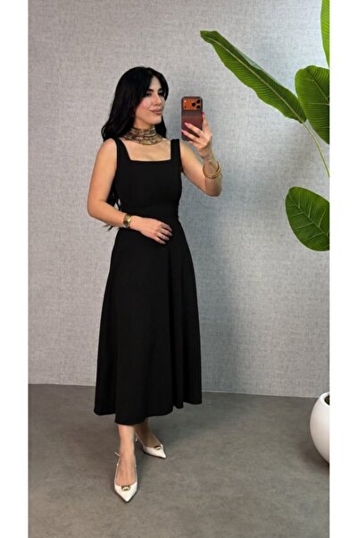 Wear Up فستان نسائي طويل من الكريب المحلي بياقة مربعة وحزام ربط من الخلف عند ...
