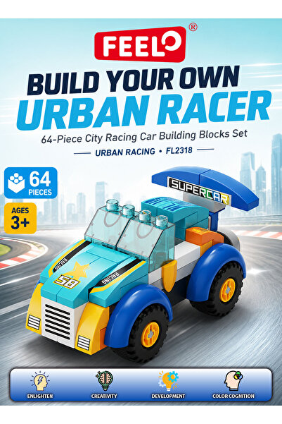 Feelo FL2318 Urban Racing Car Building Blocks Set, 64 Pieces, Multicolour Pla...