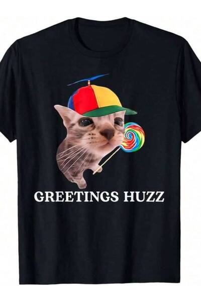 LİNA06 Greetings Huzz Funny T-Shirt, Humor Cat Lover, Short Sleeve Tee Men Wo...