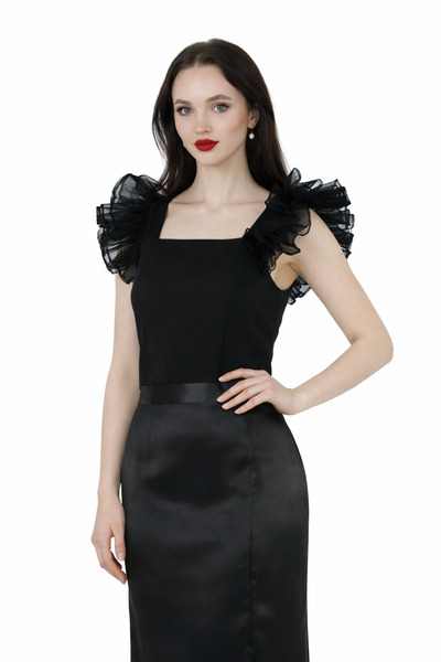 2TRENDY Women's Black Mesh Ruffle Shoulder Sleeveless Blouse