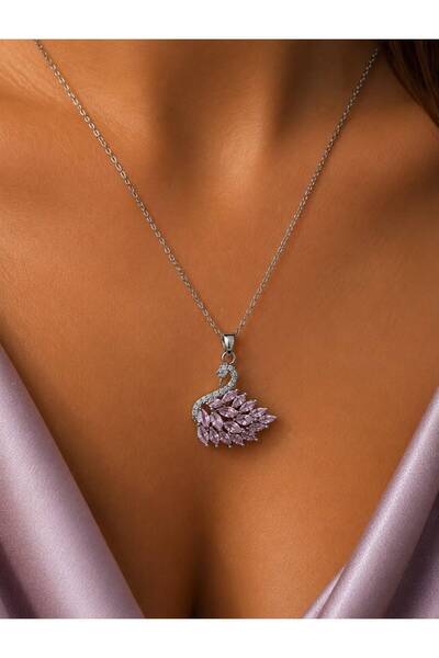AURA ATELİER MODA Aura Silver Color Purple Zircon Stone Swan Figured Necklace – Stainless Steel Elegant Stylish Women's Necklace