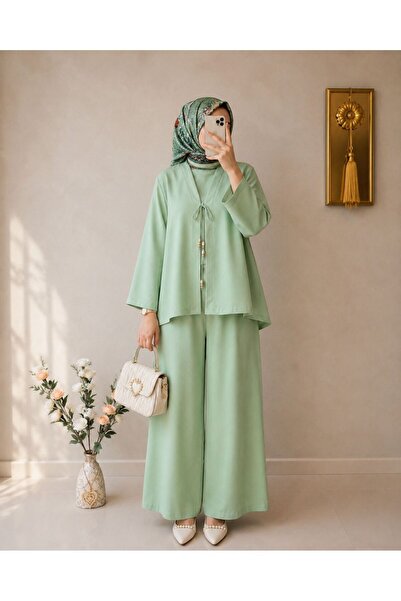 MVR Sirius Boutique Nazenin Keten Su Yeşili Kimono İkili Takım