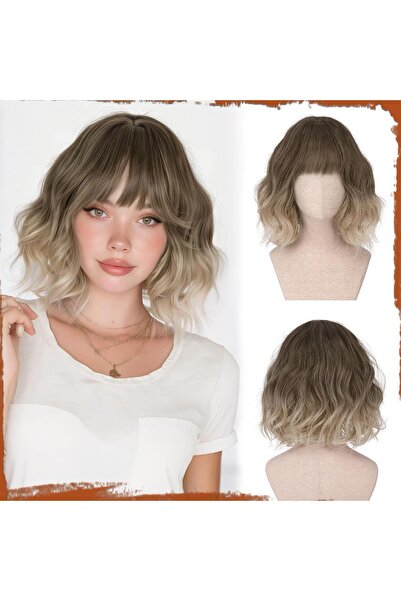 Dotail Perucă bob ondulată, cu breton, ușoară, 30 cm, din fibră sintetică, st...