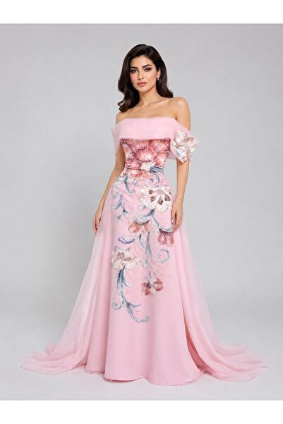 ranin Red Barbie Evening Dress with Double Gauze and Double Chiffon.