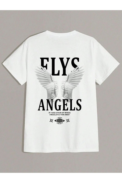 Flubutik Men's White Flys Angels Printed Cotton T-Shirt