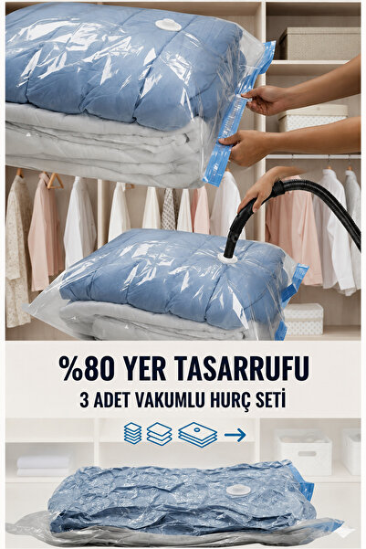 Ferzin 3'lü Vakumlu Hurç Seti 2 XXL (80x100 cm) + 1 XL (55x90 cm) Vakum Poşeti Yer Tasarruflu Saklama Hurcu