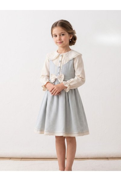 Cherrys Bebek Nostalgic Collar Detailed Bowknot Girls' Dress