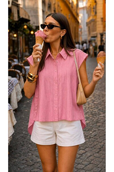 ON6STORE16 Kadın Oversize Çizgili Kolsuz Gömlek Yan Düğme Detaylı Düşük Kol A...