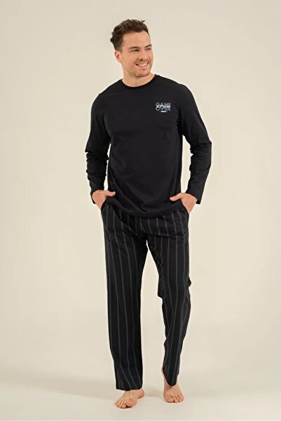 YUYİ Arnetta 100% Cotton Crew Neck Long Sleeve Men's Pajama Set