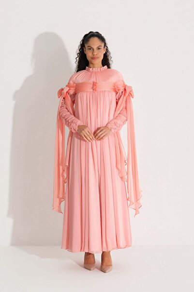 miha Hicran Önal Sleeveless Bow Detailed Janjan Dress Salmon