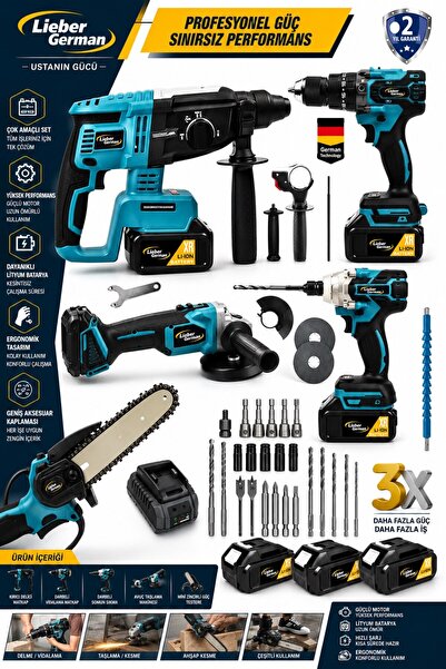 Lieber German 5Li Set Kömürsüz Motor 3x Akü Taşlama Somun Sıkma Kırıcı Delici...