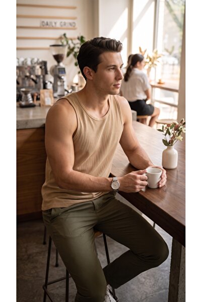 AHMERA Beige Men's Regular Fit Sleeveless Basic T-Shirt