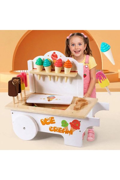 IM FineLife Wooden Ice Cream trolley\ Truck Toy - 1-Set Pretend Play Food Cart with Ice Cream Cones and Popsicles - Educational Role Play Toy for Kids Age 3+
