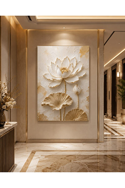 EMİLART Premium Beyaz Lotus Kanvas Tablo Altın Varak Dokulu 3D Görünümlü Çiçe...