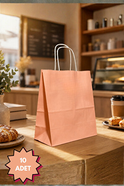 Pembe Renkli 10 Adet 20x22 Cm Kraft Çanta Hediye Poşeti , Hediye Paketi , Kraft Kağıt Çanta