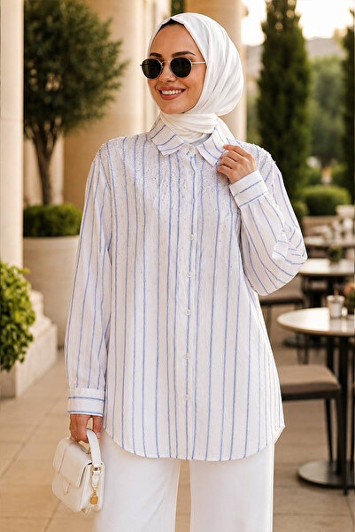 Neva Style Dikey Çizgili Bambu Buz Mavisi Tesettür Gömlek 15360BZM