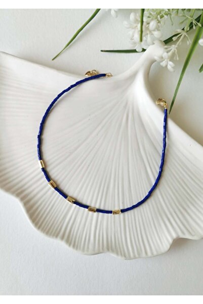 Halley Concept Navy Blue Glass Bead Detailed Gold Anklet 22+5 cm