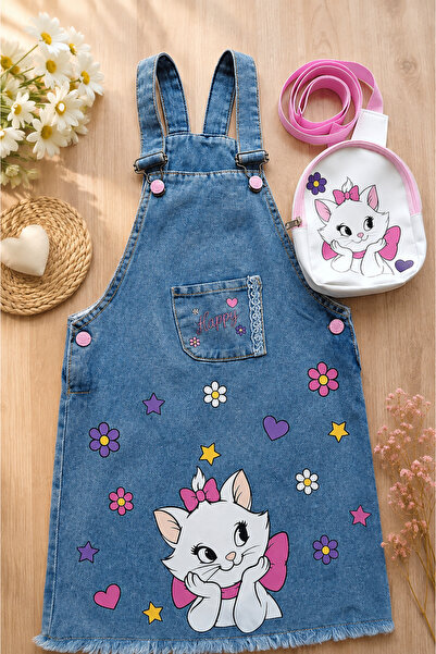 NOTA KİDS Girl's Cat Printed Jeans Gilet Dress with Bag Denim Strap Casual Dr...