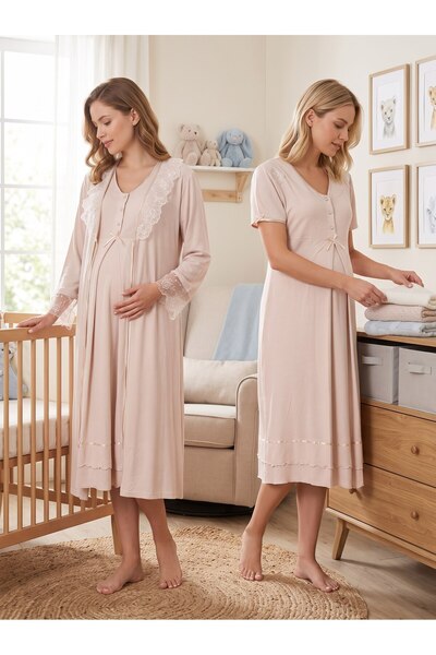 Lohussa New Season Beige Lace Detailed 100% Cotton Special Design Maternity D...