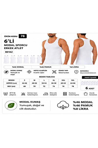 Yıldız Çamaşır Men's Modal Athlete Lycra Undershirt (77-78-79) - 6 Pieces