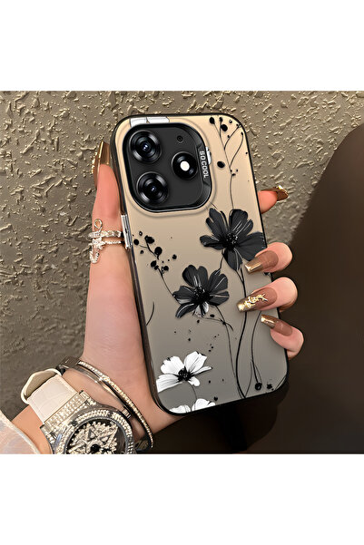 PATTERNOVA Tecno Spark 10 Pro Uyumlu Siyah-beyaz sulu boya çiçek baskılı yüks...
