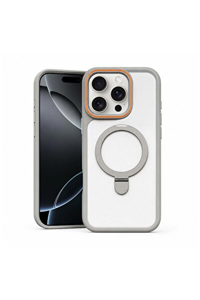 Zebana Apple iPhone 16 Pro Uyumlu Kılıf MagRing Standlı Silikon Kılıf Gri