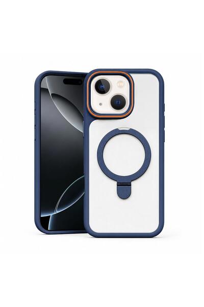 Zebana Apple iPhone 14 Uyumlu Kılıf MagRing Standlı Silikon Kılıf Lacivert