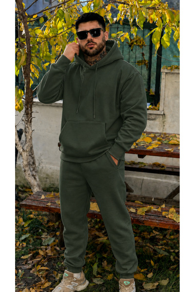 YAKAMEL Erkek Kapşonlu 3 İplik Şardonlu Salaş Bol Hoodie Eşofman Takımı