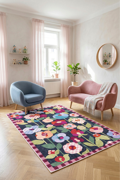 Decomia Home Dijital Kaymaz Yıkanabilir Renkli Çiçekli Salon Halısı Mutfak Ha...