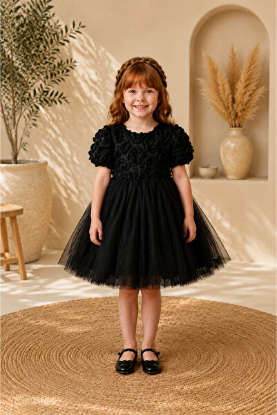 miço kids Girl's 3D Rose Detailed Tulle Evening Dress with Tulle Bow on the Back