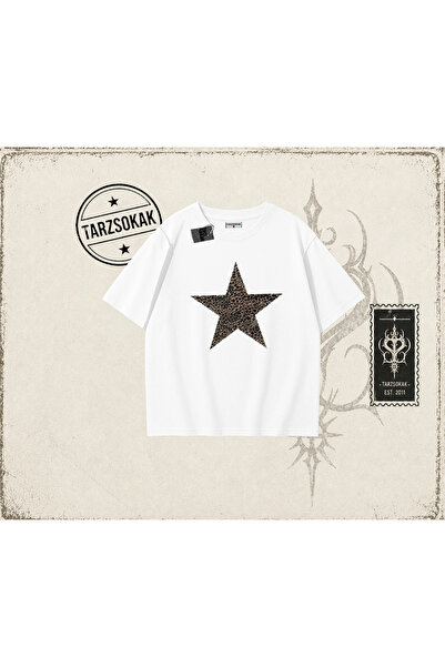 Tarzsokak Ženska majica kratkih rukava Leopard Star Oversize Unisex bela